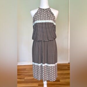 NWT, MSK, Halter Midi Dress with Gold Chain Neckline, Black/White/Blue, Size M